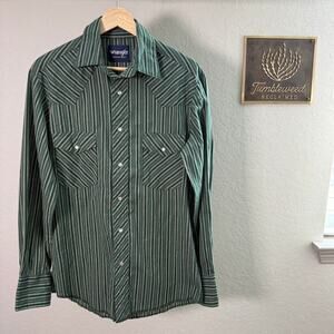 Women's Green Stripe Wrangler Western Cowgirl Pearl Snap Shirt Size Small